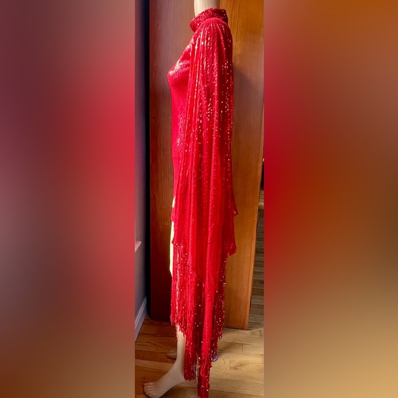 RICHARD DEMETER One Of A Kind Red Sequined Dress With Waterfall Sleeves Size XS - Picture 8 of 14